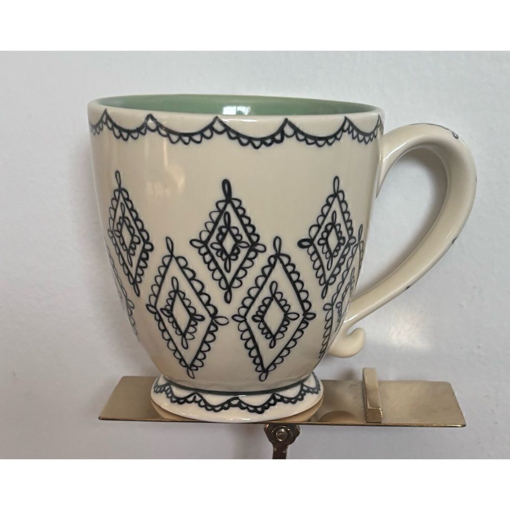 2002 Starbucks Barista Off White with Black Diamonds Footed Mug Green Interior - Picture 2 of 6